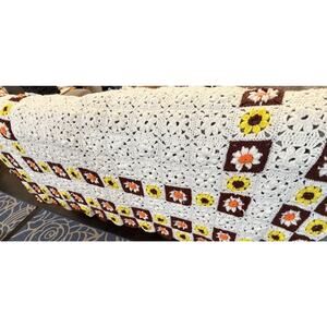 Vintage Crochet Granny Square Blanket 70x50 Floral Throw Retro Brown Orange